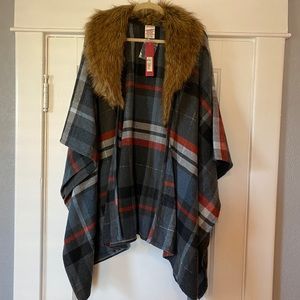 Plaid Poncho with Faux Fur Collar